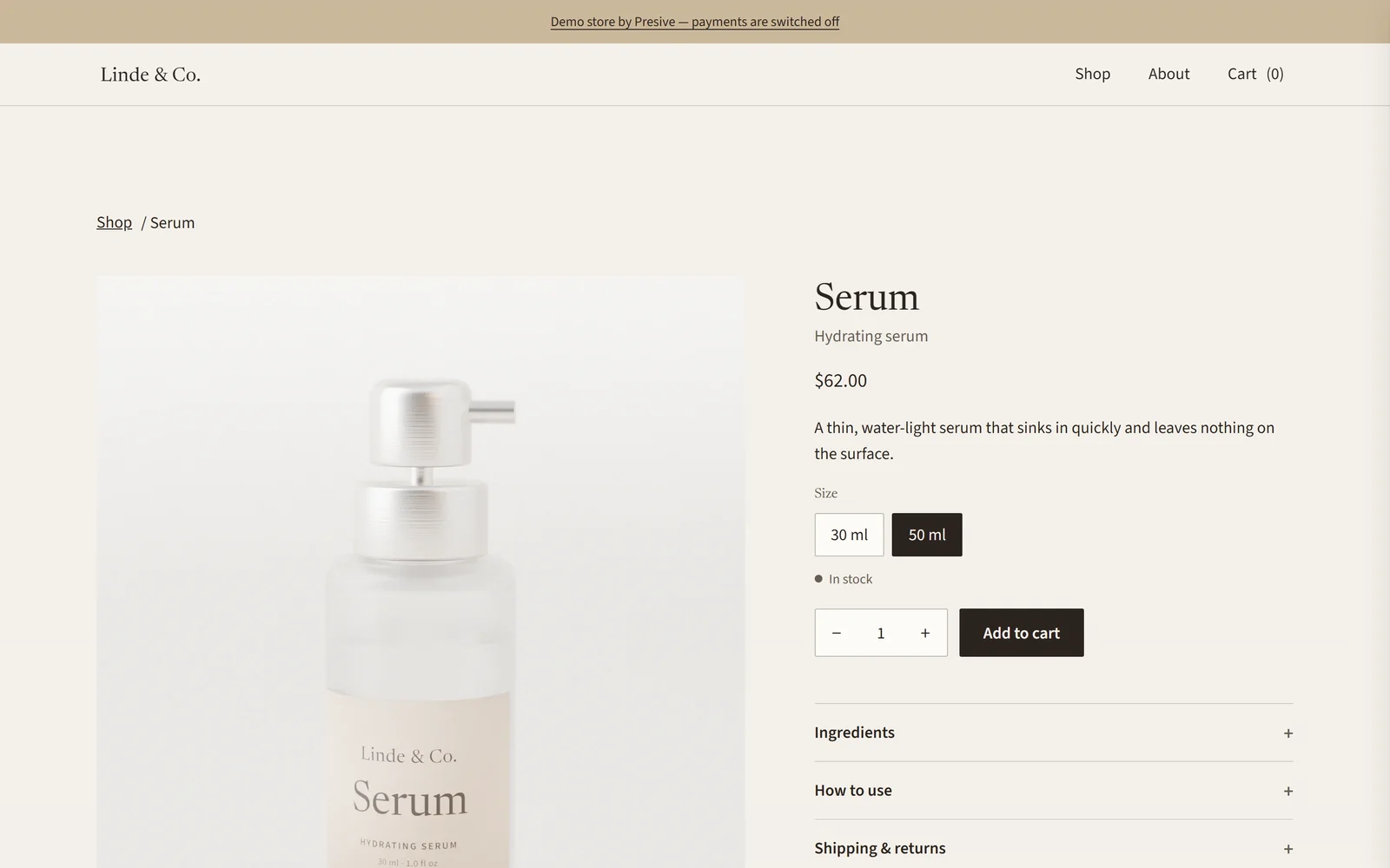 Variants: a screen from the Linde & Co demo store.