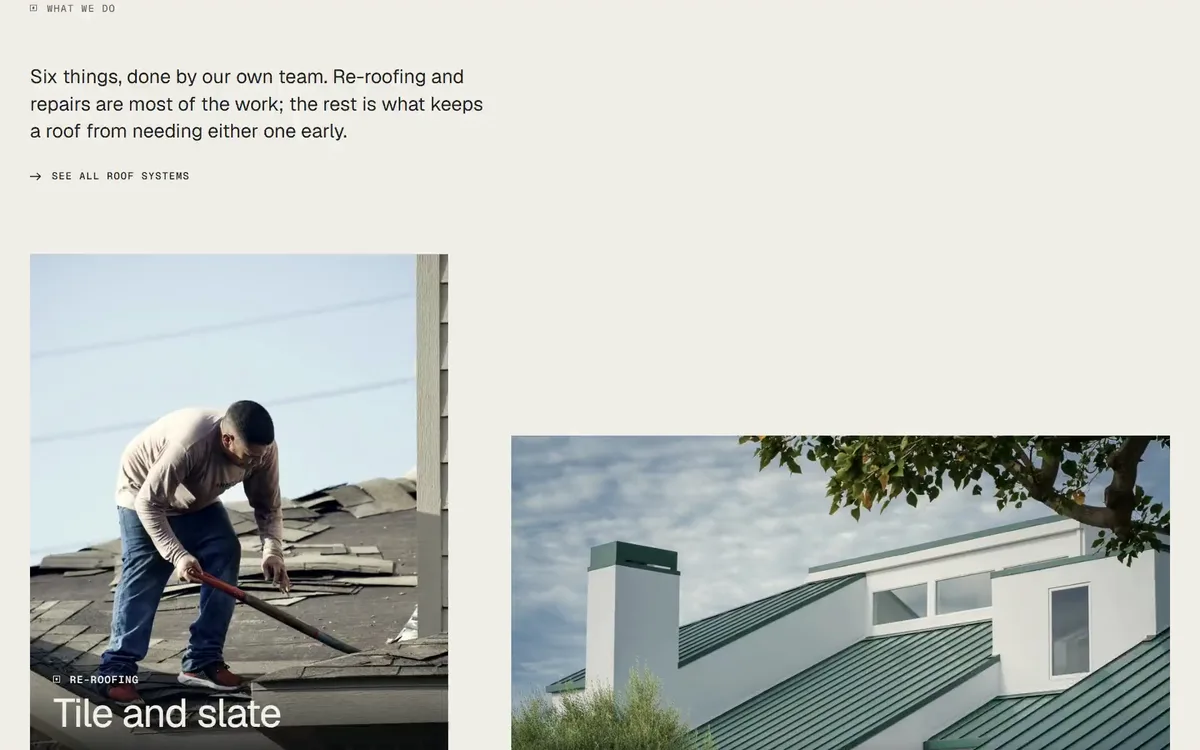 What the team does, on the live site: six services, a roofer at work and a standing-seam roof