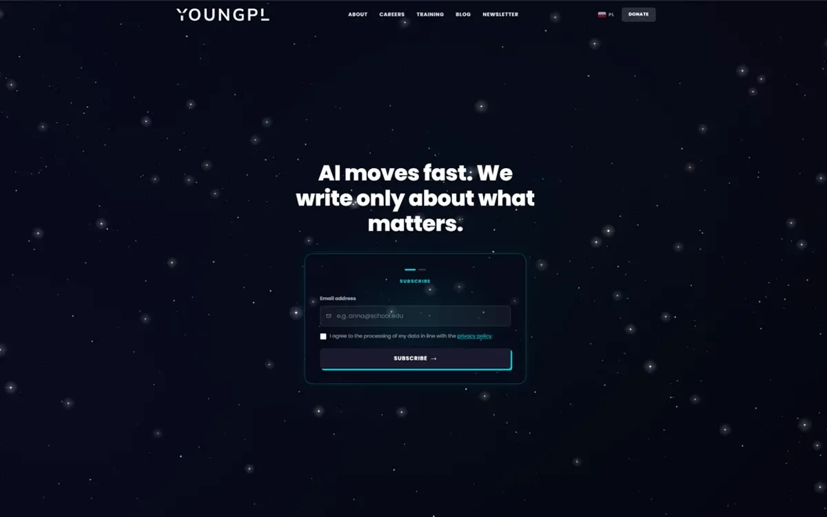 The newsletter page: one subscribe form centered on the starfield