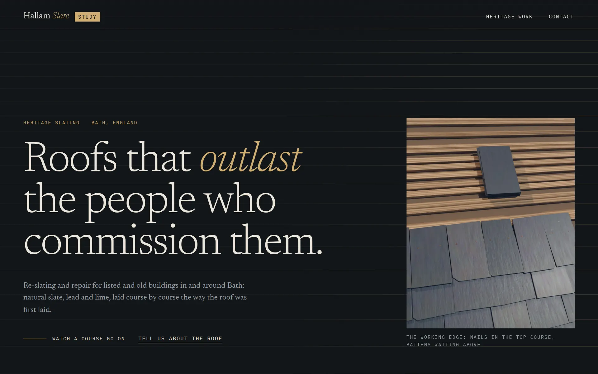 The Hallam Slate study, a heritage slate roofer in Bath: a dark first screen with the headline “Roofs that outlast the people who commission them.”