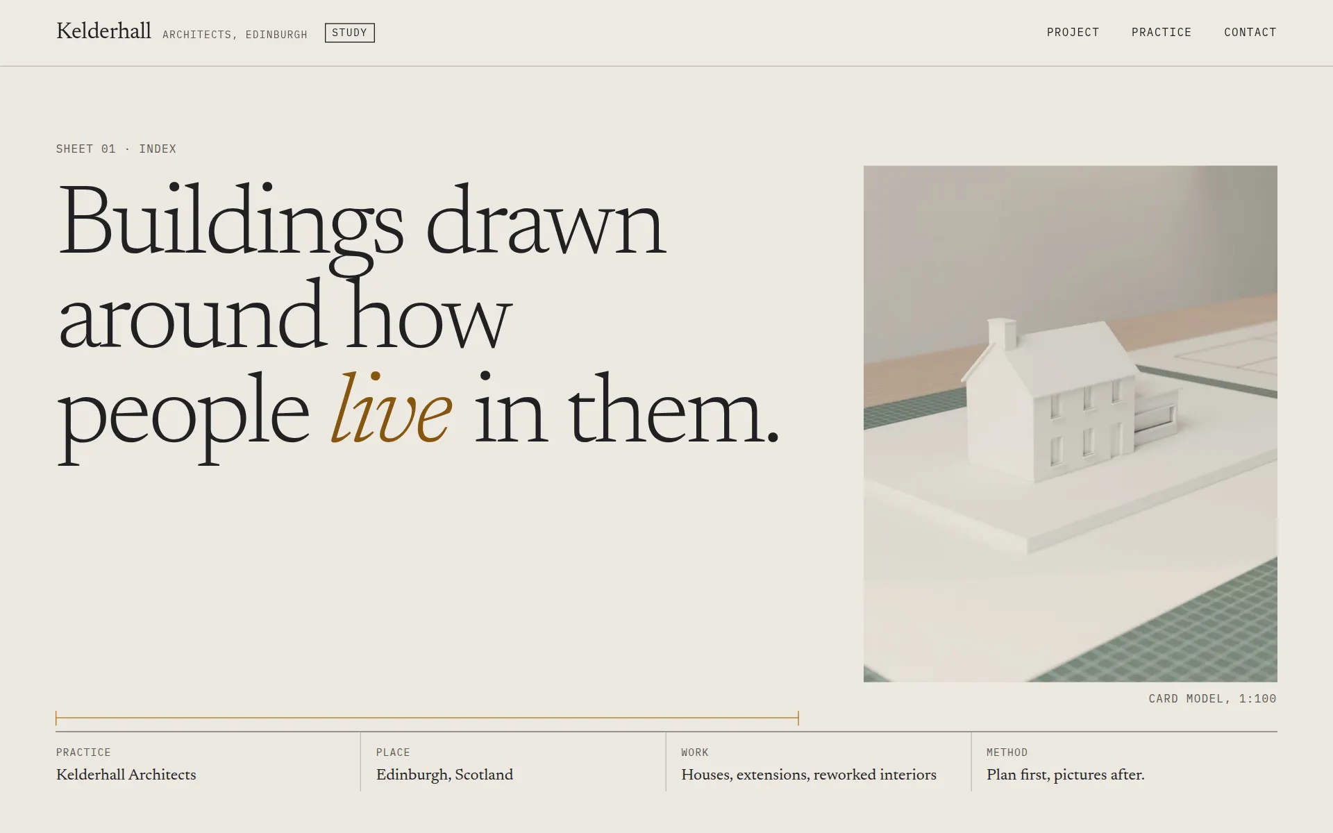 The Kelderhall Architects study, an Edinburgh practice: a paper-colored first screen with the headline “Buildings drawn around how people live in them.” beside a white card model of the house.