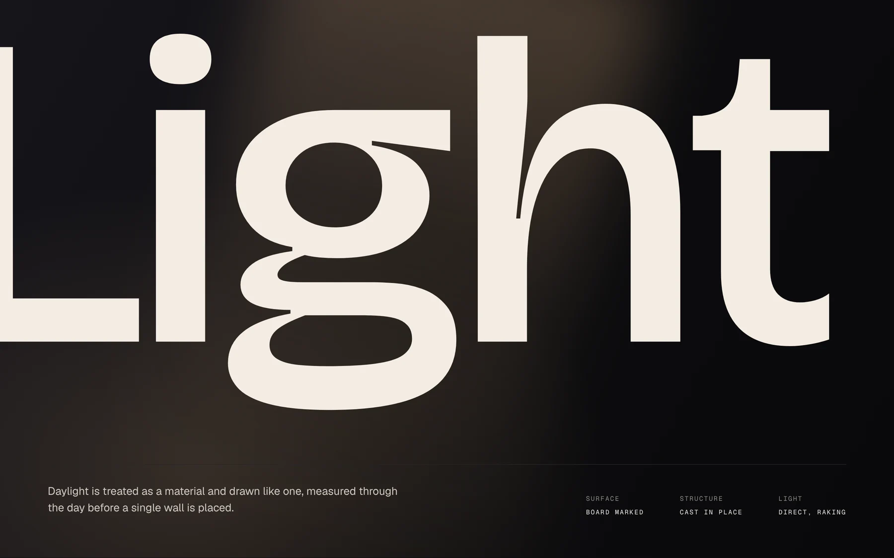 A close typographic crop: the word "Light" set in off-white so large that the letters run off the edges of the frame, over a dark warm gradient.