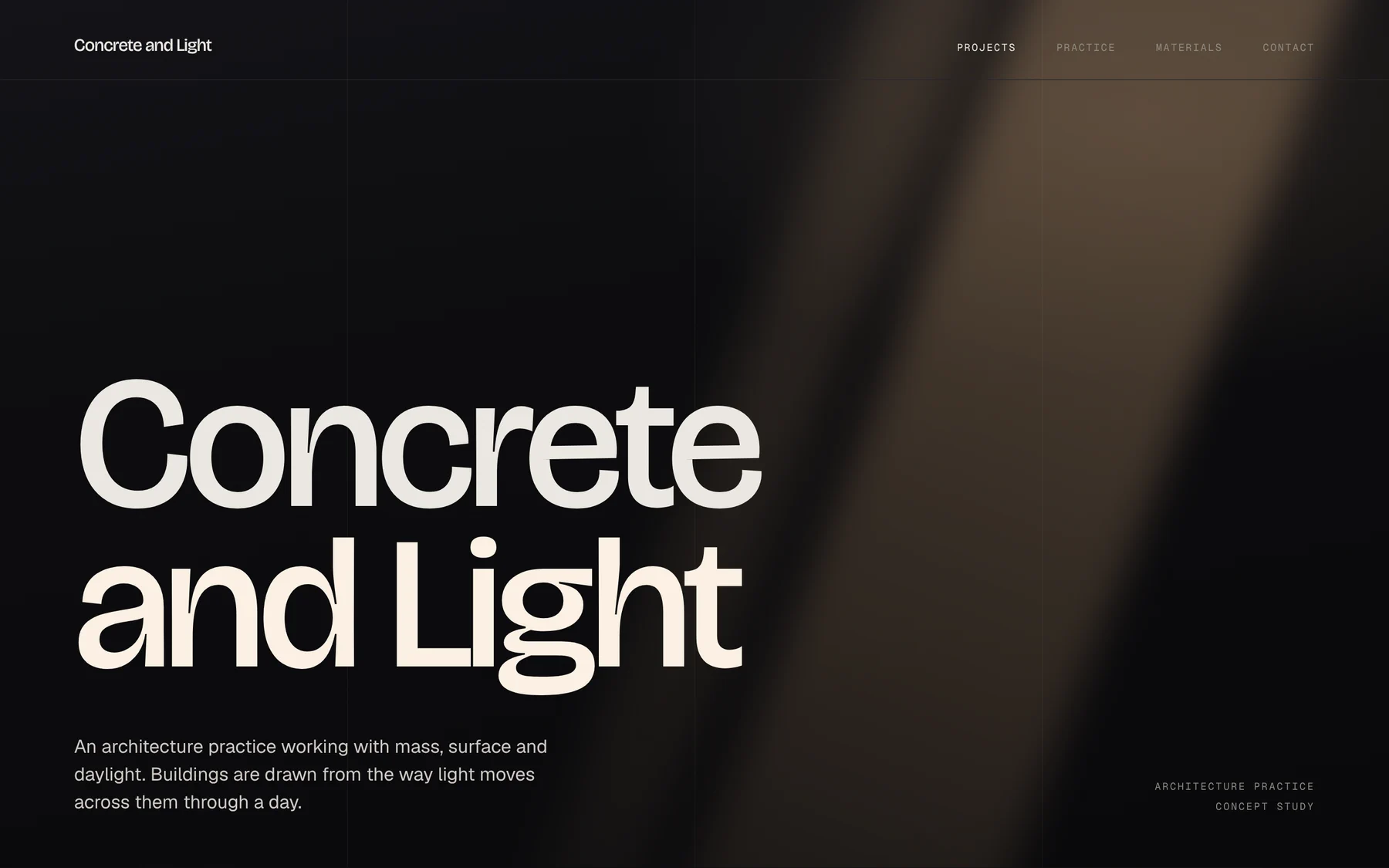A concept home page for an architecture practice: "Concrete and Light" set very large in off-white on a near-black ground, with a warm shaft of daylight across it.