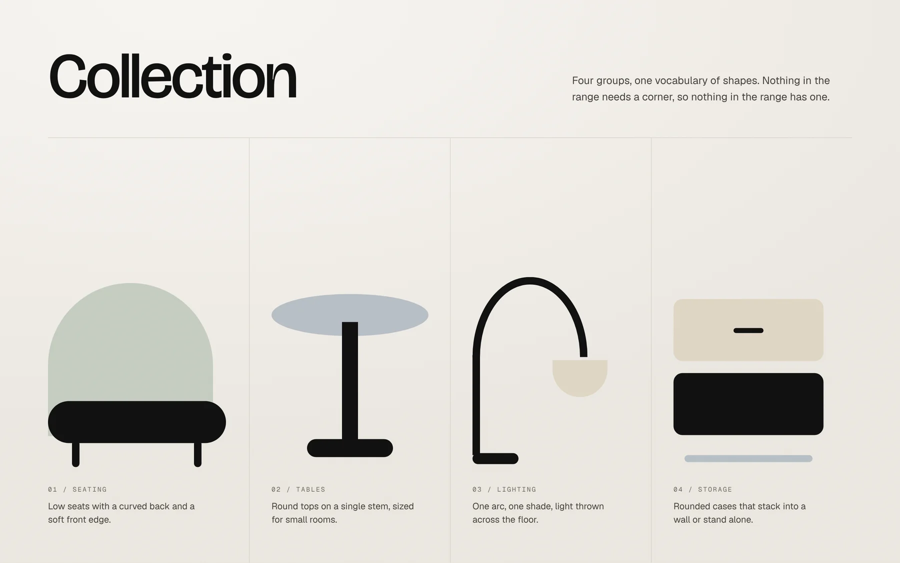 The concept’s collection section on paper: the heading "Collection" above flat furniture silhouettes drawn in simple shapes, each with its label.